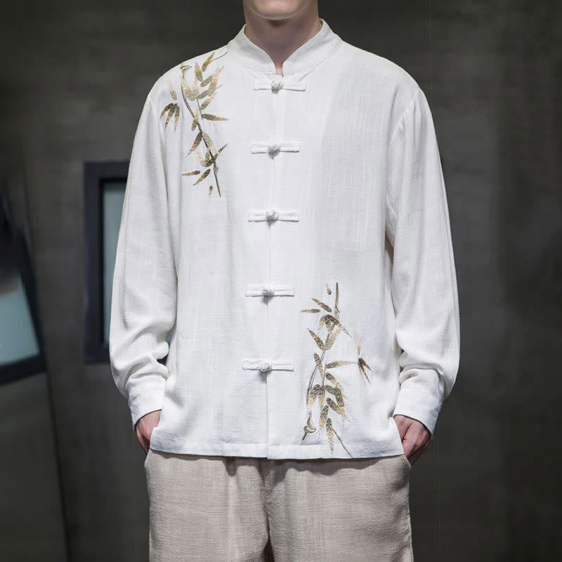 Buddha Stones Camisa de Traje Tang con Botón de Ranas Chino y Hoja de Bambú de Manga Larga de Algodón y Lino para Hombres - Blanco - US/UK/AU46, EU56 (5XL)  - image 0