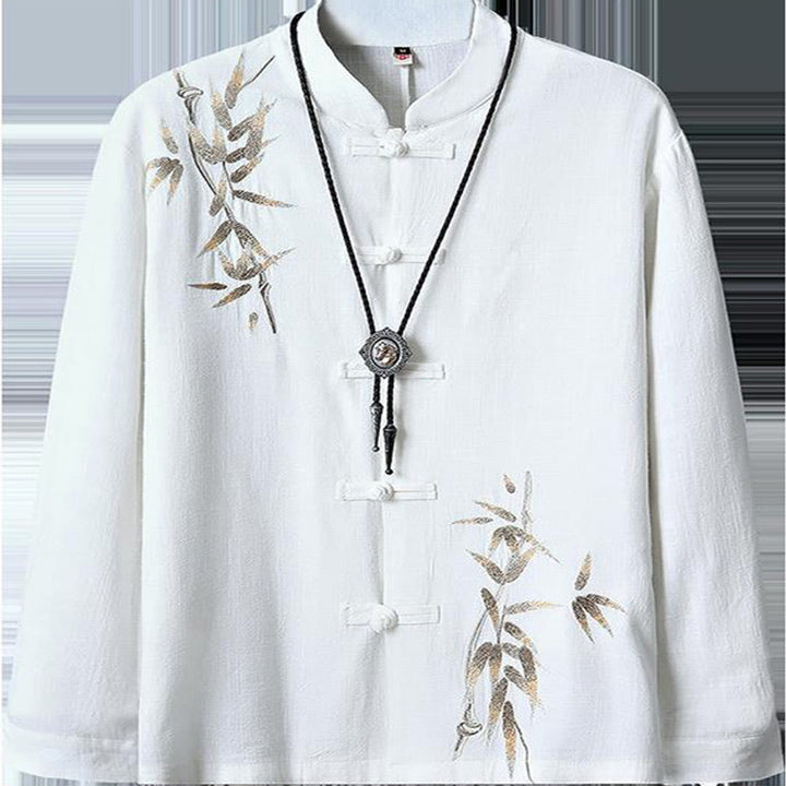 Buddha Stones Camisa de Traje Tang con Botón de Ranas Chino y Hoja de Bambú de Manga Larga de Algodón y Lino para Hombres - image 2