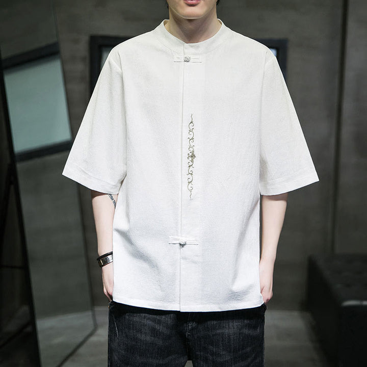 Camisa de algodón para hombre con media manga, bordado y botón de rana en color liso de Buddha Stones - Blanco - US/UK/AU46, EU56 (5XL) - image 17