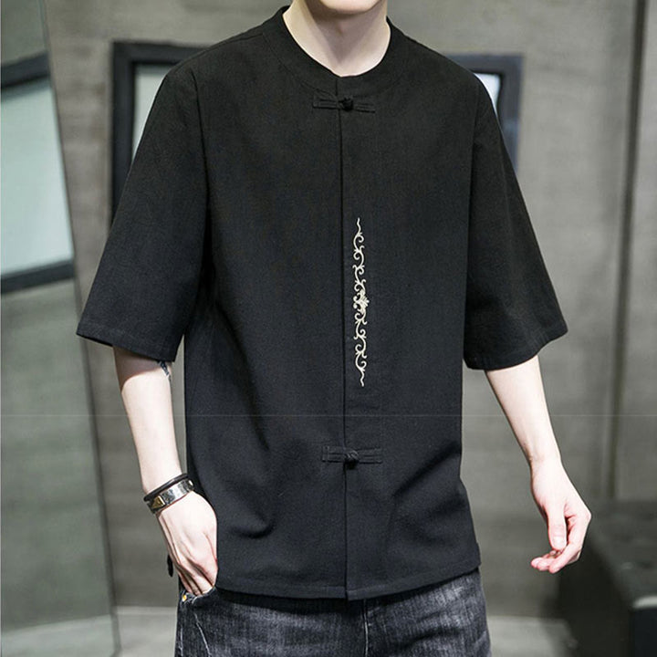 Camisa de algodón para hombre con media manga, bordado y botón de rana en color liso de Buddha Stones - image 15