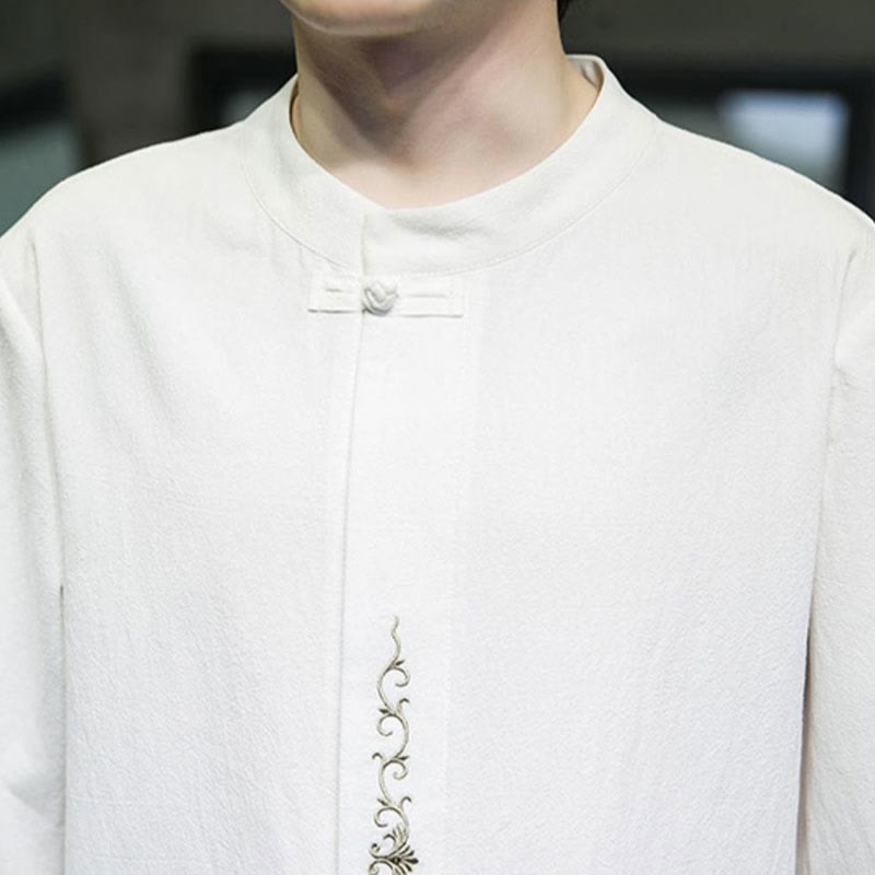 Camisa de algodón para hombre con media manga, bordado y botón de rana en color liso de Buddha Stones - image 23