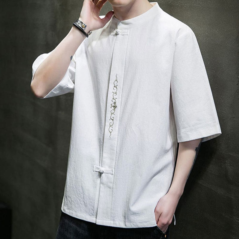 Camisa de algodón para hombre con media manga, bordado y botón de rana en color liso de Buddha Stones - image 21