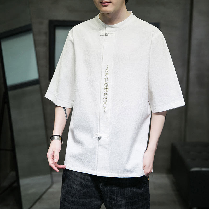 Camisa de algodón para hombre con media manga, bordado y botón de rana en color liso de Buddha Stones - image 25