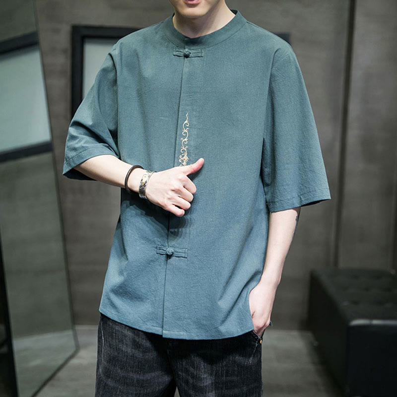 Camisa de algodón para hombre con media manga, bordado y botón de rana en color liso de Buddha Stones - image 7