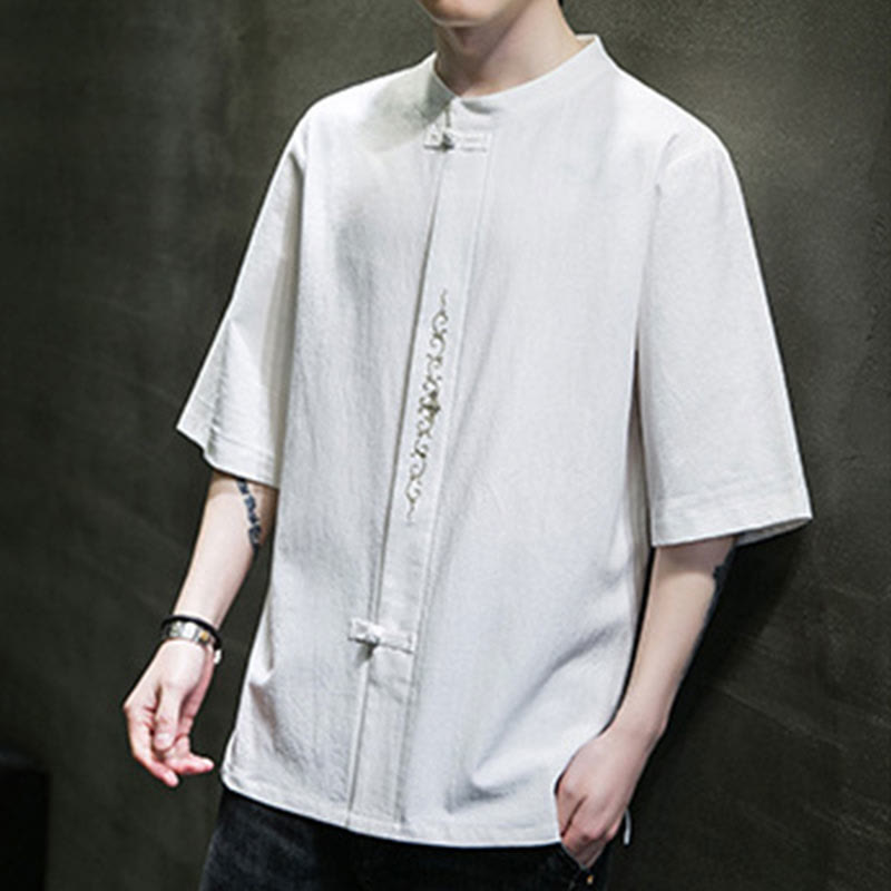 Camisa de algodón para hombre con media manga, bordado y botón de rana en color liso de Buddha Stones - image 20