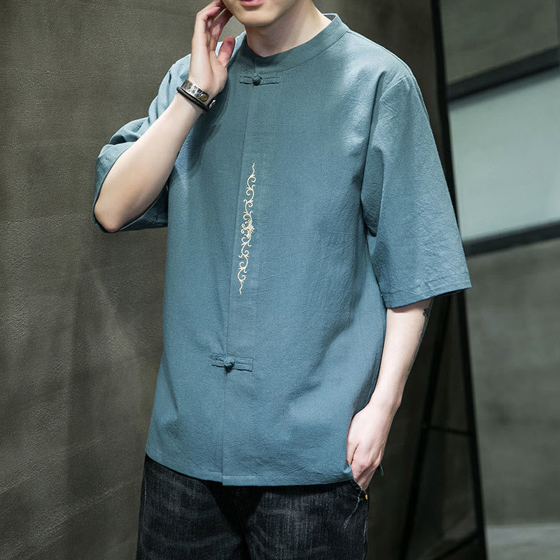 Camisa de algodón para hombre con media manga, bordado y botón de rana en color liso de Buddha Stones - image 4