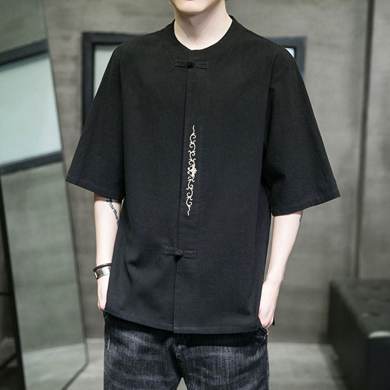 Camisa de algodón para hombre con media manga, bordado y botón de rana en color liso de Buddha Stones - image 16