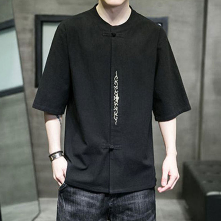 Camisa de algodón para hombre con media manga, bordado y botón de rana en color liso de Buddha Stones - image 13