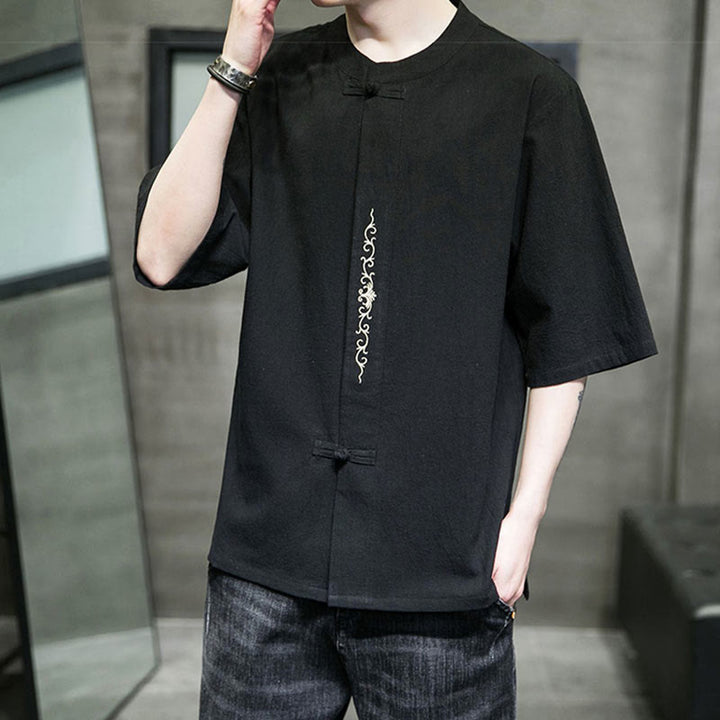 Camisa de algodón para hombre con media manga, bordado y botón de rana en color liso de Buddha Stones - image 12