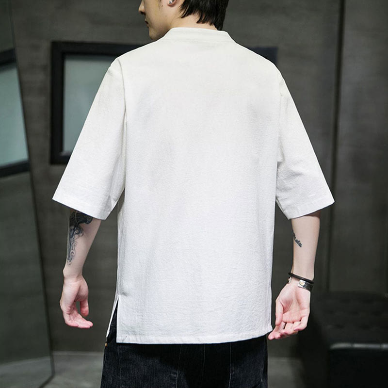 Camisa de algodón para hombre con media manga, bordado y botón de rana en color liso de Buddha Stones - image 18