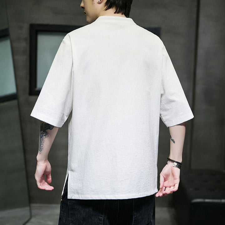 Camisa de algodón para hombre con media manga, bordado y botón de rana en color liso de Buddha Stones - image 18