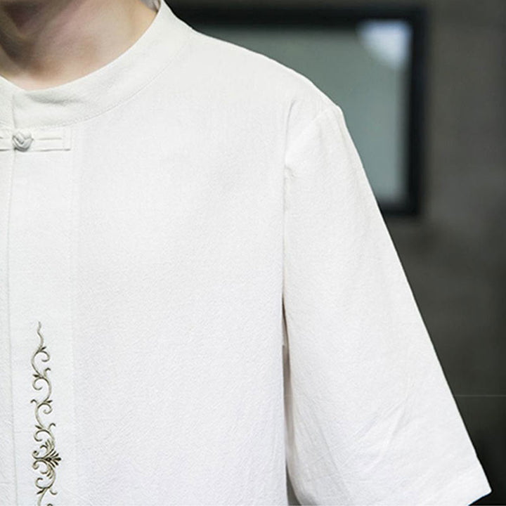 Camisa de algodón para hombre con media manga, bordado y botón de rana en color liso de Buddha Stones - image 22