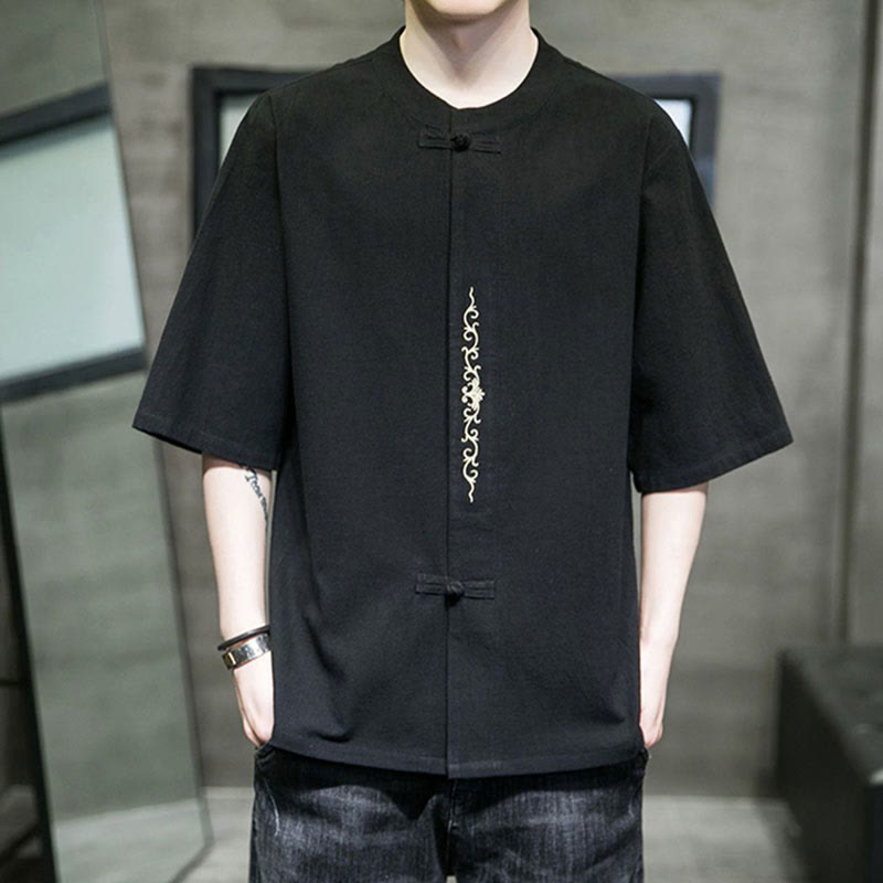 Camisa de algodón para hombre con media manga, bordado y botón de rana en color liso de Buddha Stones - Negro - US/UK/AU46, EU56 (5XL) - image 8