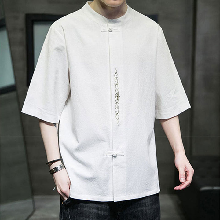 Camisa de algodón para hombre con media manga, bordado y botón de rana en color liso de Buddha Stones - image 19