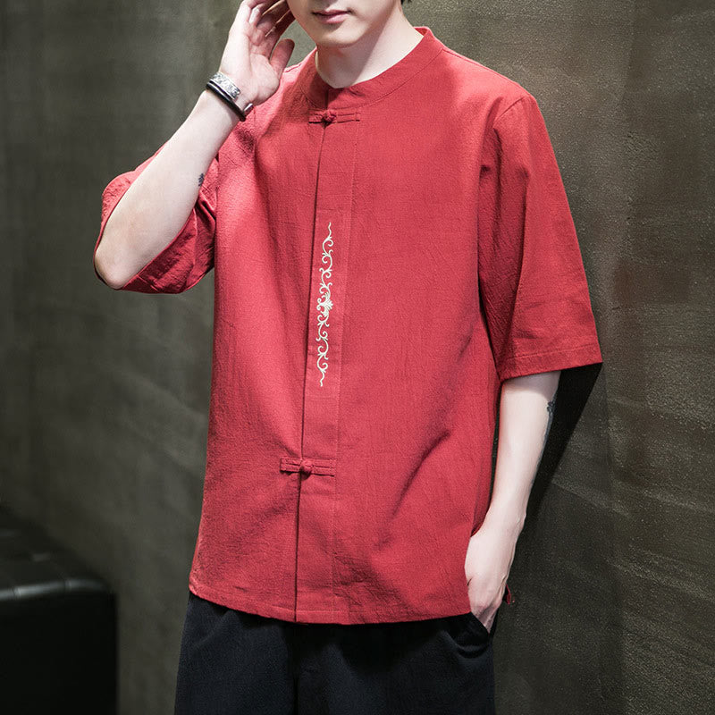 Camisa de algodón para hombre con media manga, bordado y botón de rana en color liso de Buddha Stones - Tomate - US/UK/AU46, EU56 (5XL) - image 27