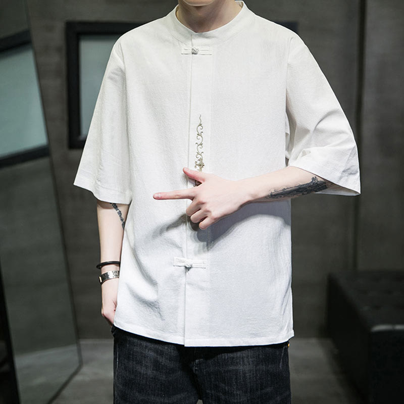 Camisa de algodón para hombre con media manga, bordado y botón de rana en color liso de Buddha Stones - image 26