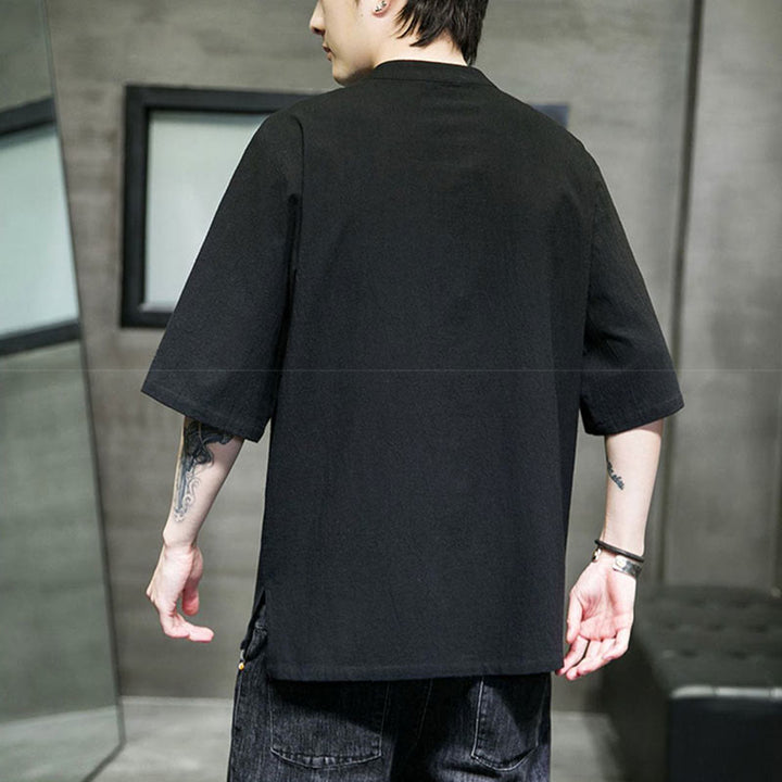 Camisa de algodón para hombre con media manga, bordado y botón de rana en color liso de Buddha Stones - image 9