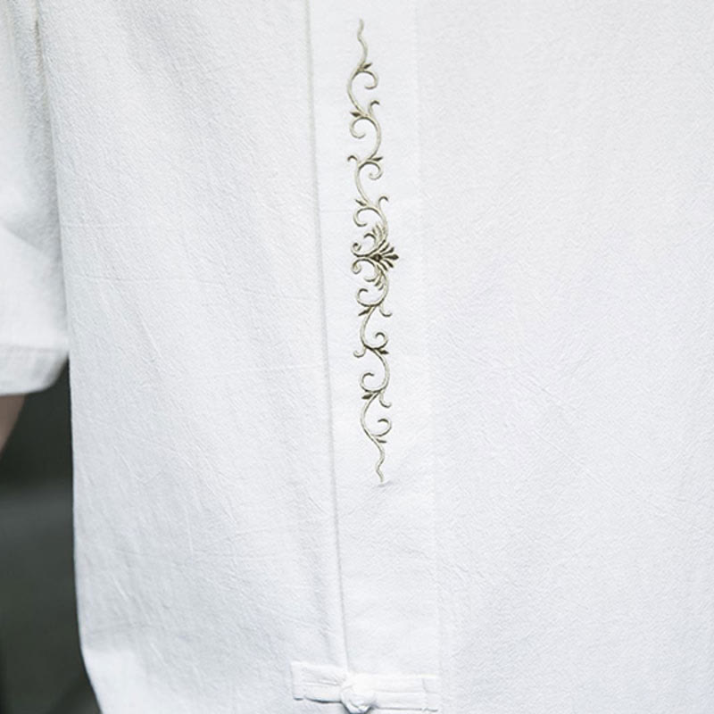 Camisa de algodón para hombre con media manga, bordado y botón de rana en color liso de Buddha Stones - image 24