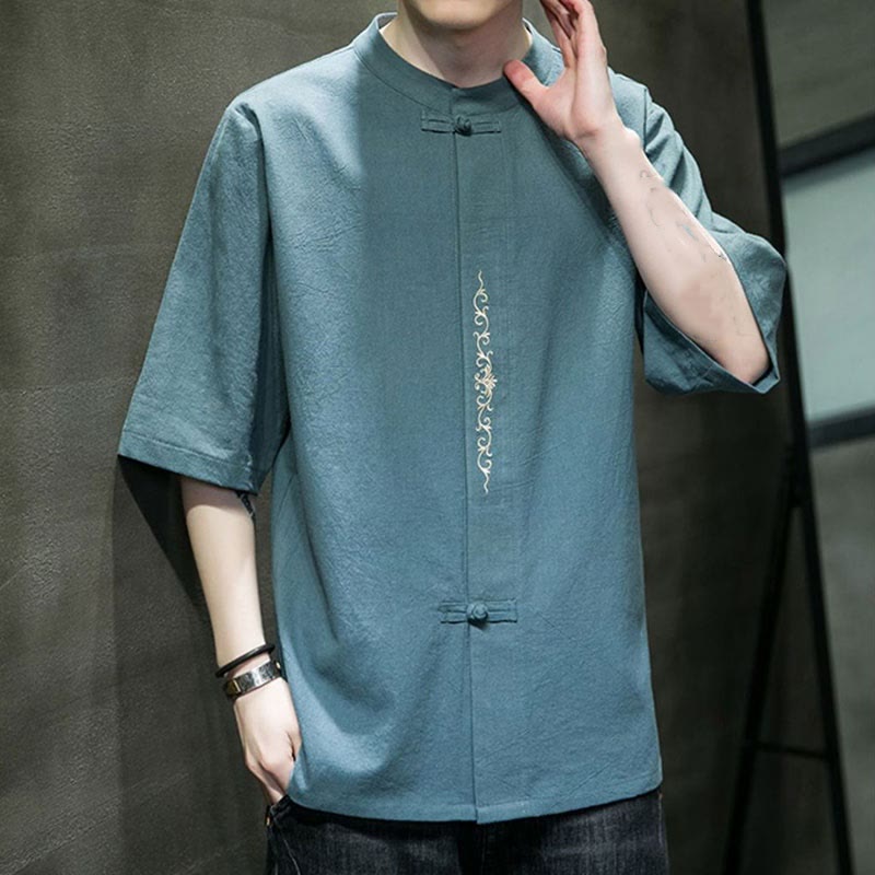 Camisa de algodón para hombre con media manga, bordado y botón de rana en color liso de Buddha Stones - image 5