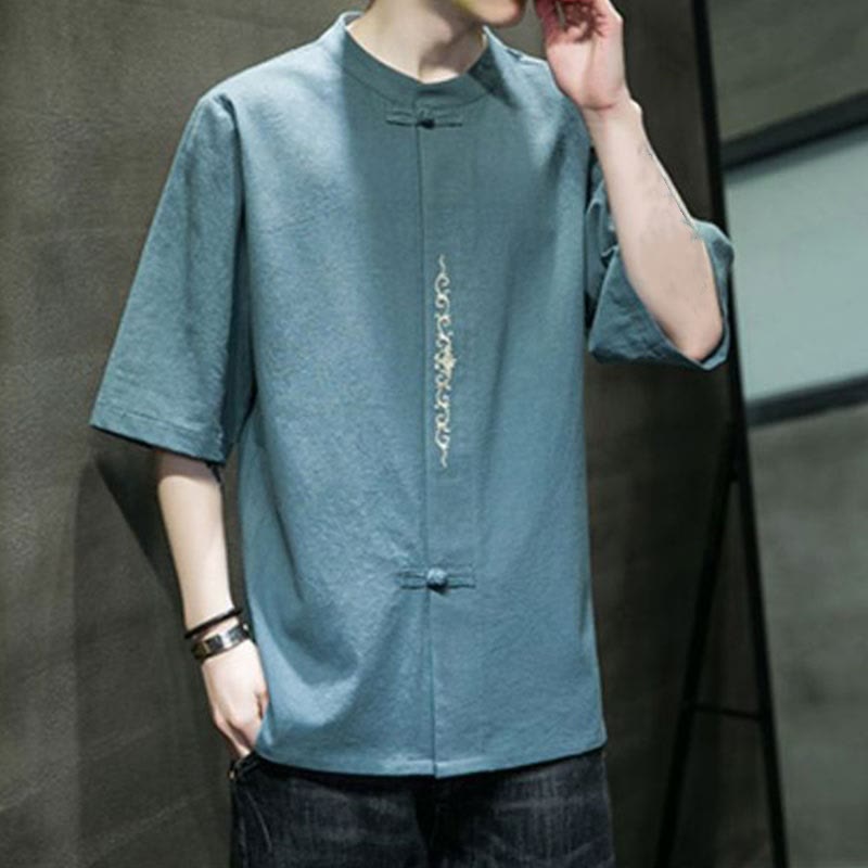 Camisa de algodón para hombre con media manga, bordado y botón de rana en color liso de Buddha Stones - image 1