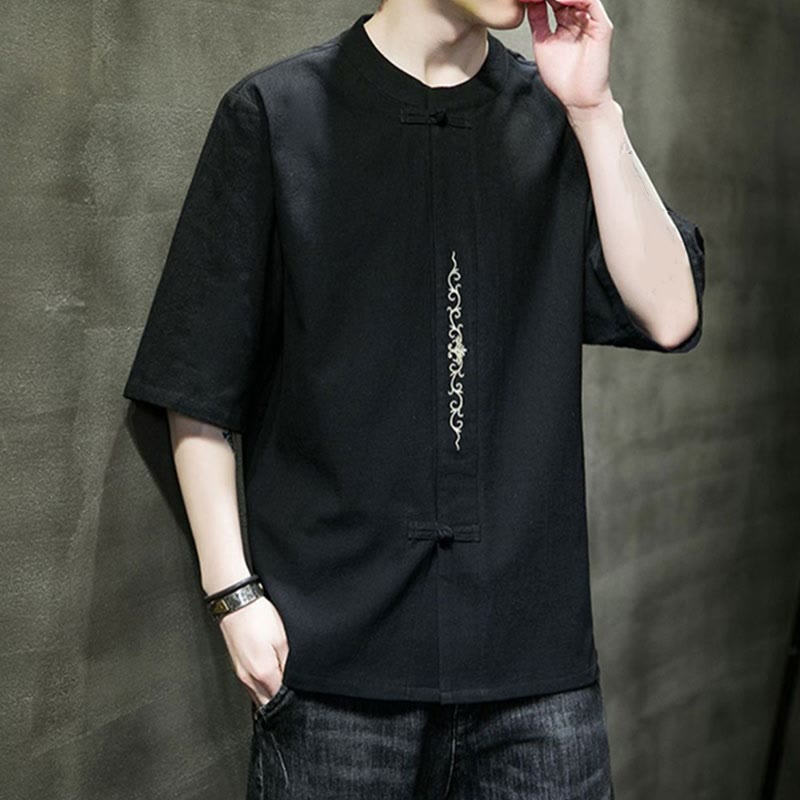 Camisa de algodón para hombre con media manga, bordado y botón de rana en color liso de Buddha Stones - image 10