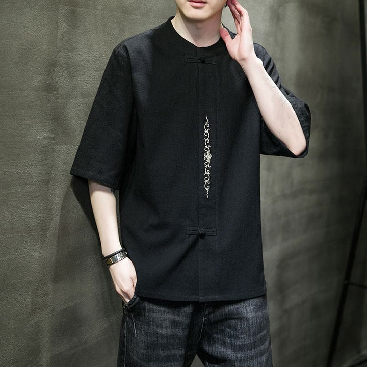 Camisa de algodón para hombre con media manga, bordado y botón de rana en color liso de Buddha Stones - image 14