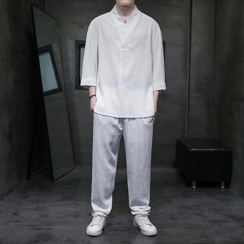 Buddha Stones Camisa de manga tres cuartos con cuello en V de color sólido Pantalones casuales Conjunto de ropa para hombre - Blanco - US/UK/AU44, EU54 (4XL) - image 0