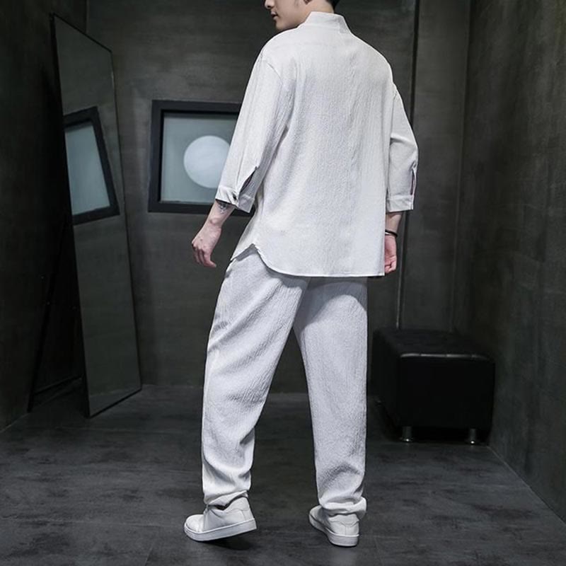 Buddha Stones Camisa de manga tres cuartos con cuello en V de color sólido Pantalones casuales Conjunto de ropa para hombre - image 2