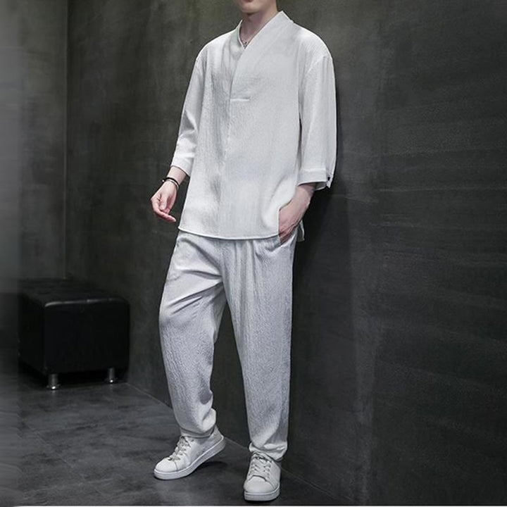 Buddha Stones Camisa de manga tres cuartos con cuello en V de color sólido Pantalones casuales Conjunto de ropa para hombre - image 6