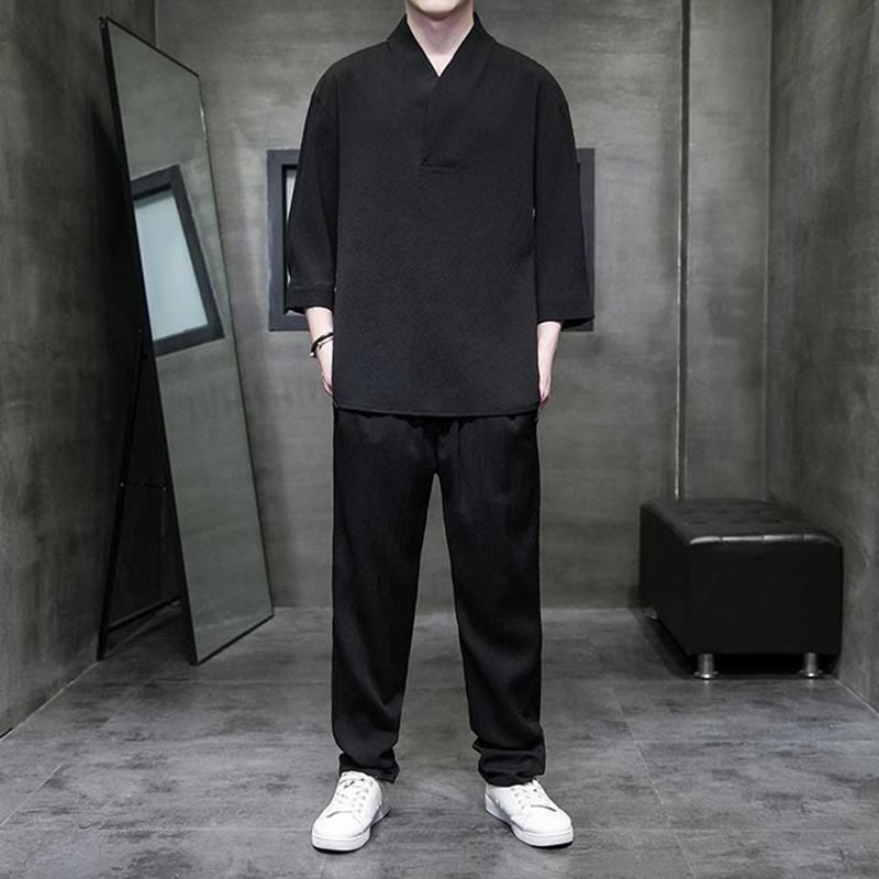 Buddha Stones Camisa de manga tres cuartos con cuello en V de color sólido Pantalones casuales Conjunto de ropa para hombre - Negro - US/UK/AU44, EU54 (4XL) - image 7