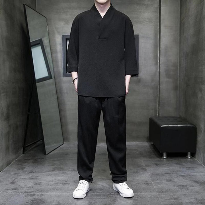 Buddha Stones Camisa de manga tres cuartos con cuello en V de color sólido Pantalones casuales Conjunto de ropa para hombre - Negro - US/UK/AU44, EU54 (4XL) - image 7