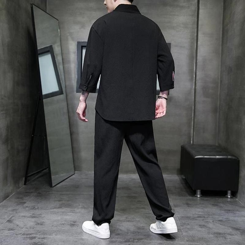 Buddha Stones Camisa de manga tres cuartos con cuello en V de color sólido Pantalones casuales Conjunto de ropa para hombre - image 9