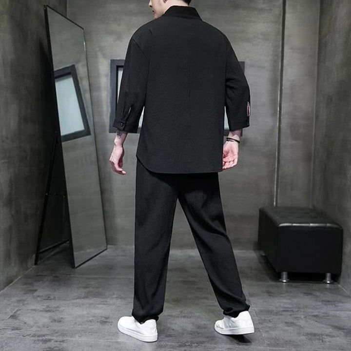 Buddha Stones Camisa de manga tres cuartos con cuello en V de color sólido Pantalones casuales Conjunto de ropa para hombre - image 9