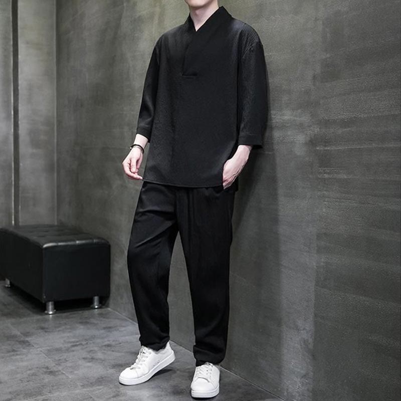Buddha Stones Camisa de manga tres cuartos con cuello en V de color sólido Pantalones casuales Conjunto de ropa para hombre - image 10