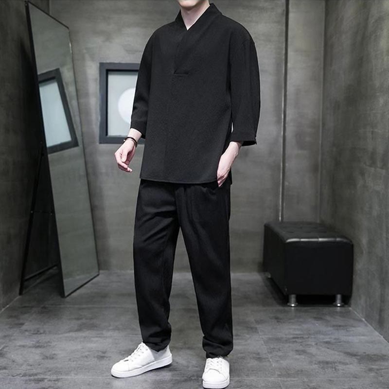 Buddha Stones Camisa de manga tres cuartos con cuello en V de color sólido Pantalones casuales Conjunto de ropa para hombre - image 8