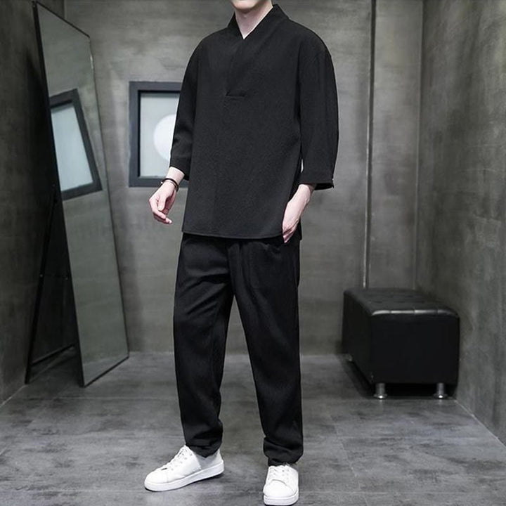 Buddha Stones Camisa de manga tres cuartos con cuello en V de color sólido Pantalones casuales Conjunto de ropa para hombre - image 8