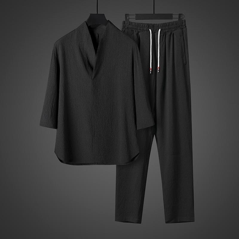 Buddha Stones Camisa de manga tres cuartos con cuello en V de color sólido Pantalones casuales Conjunto de ropa para hombre - image 11