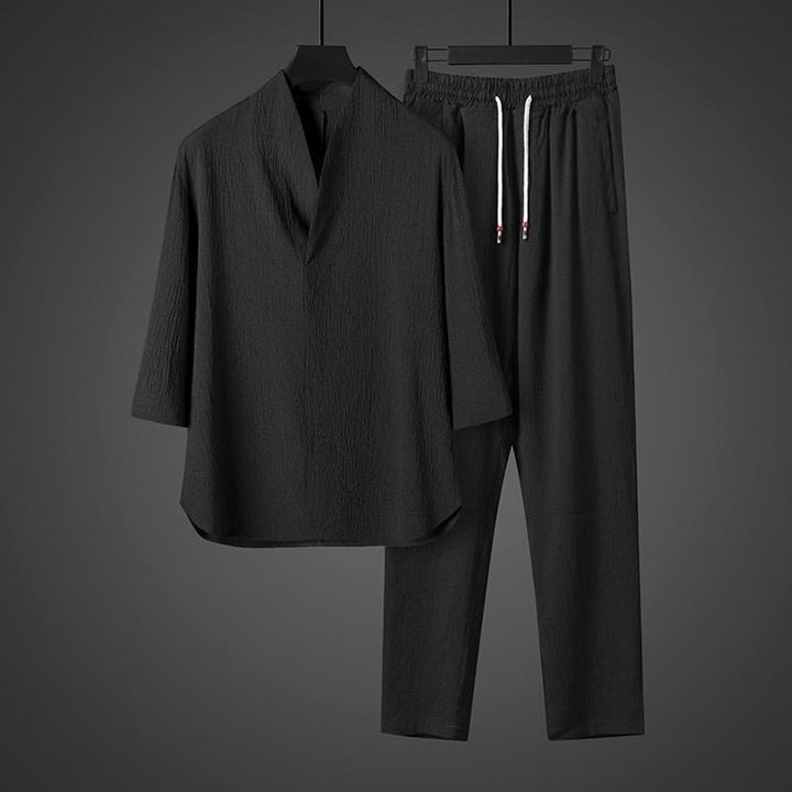 Buddha Stones Camisa de manga tres cuartos con cuello en V de color sólido Pantalones casuales Conjunto de ropa para hombre - image 11