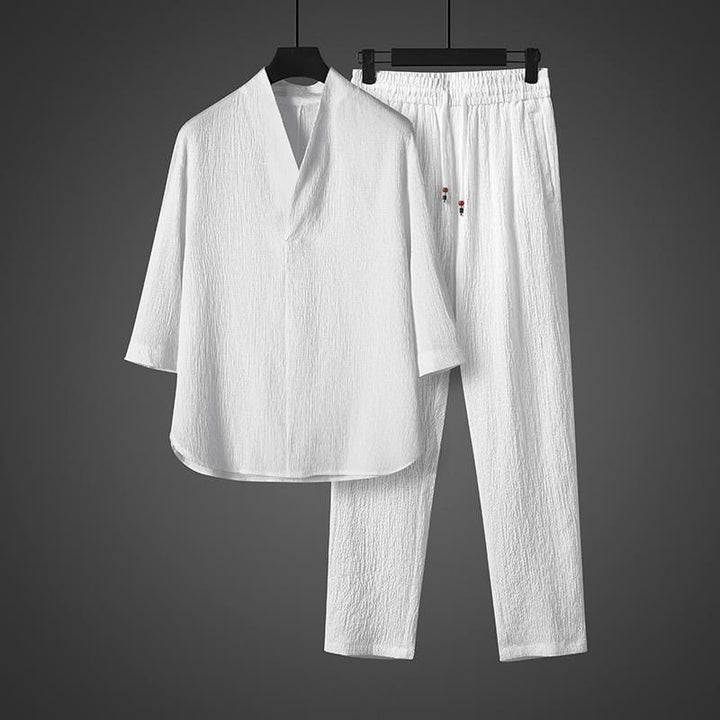 Buddha Stones Camisa de manga tres cuartos con cuello en V de color sólido Pantalones casuales Conjunto de ropa para hombre - image 4