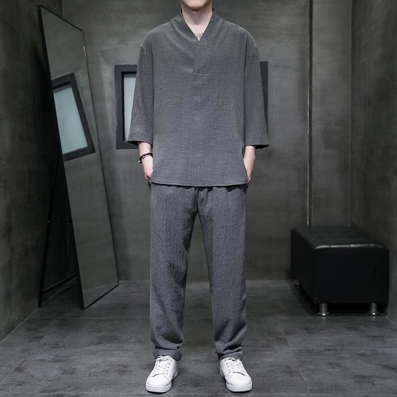 Buddha Stones Camisa de manga tres cuartos con cuello en V de color sólido Pantalones casuales Conjunto de ropa para hombre - Gris tenue - US/UK/AU44, EU54 (4XL) - image 18