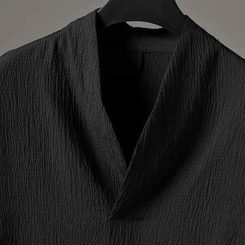 Buddha Stones Camisa de manga tres cuartos con cuello en V de color sólido Pantalones casuales Conjunto de ropa para hombre - image 12