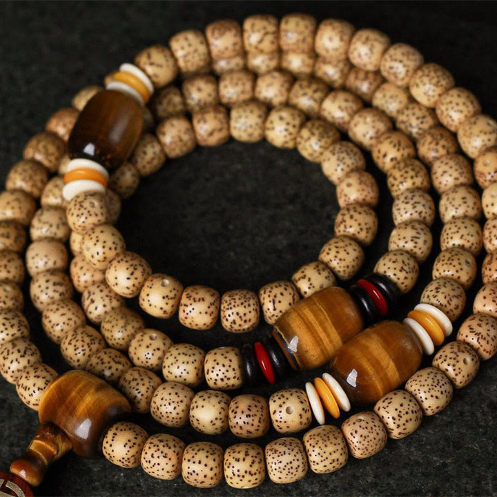 Buddha Stones 108 cuentas Mala de semilla de bodhi, ojo de tigre, carácter Fu, pulsera de paz