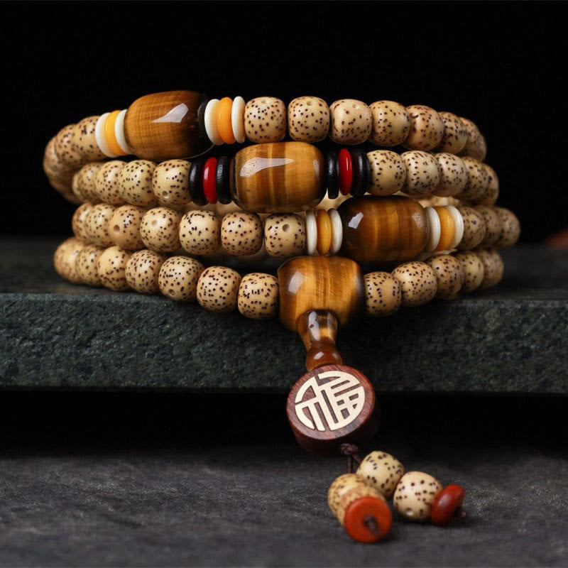 Buddha Stones 108 cuentas Mala de semilla de bodhi, ojo de tigre, carácter Fu, pulsera de paz