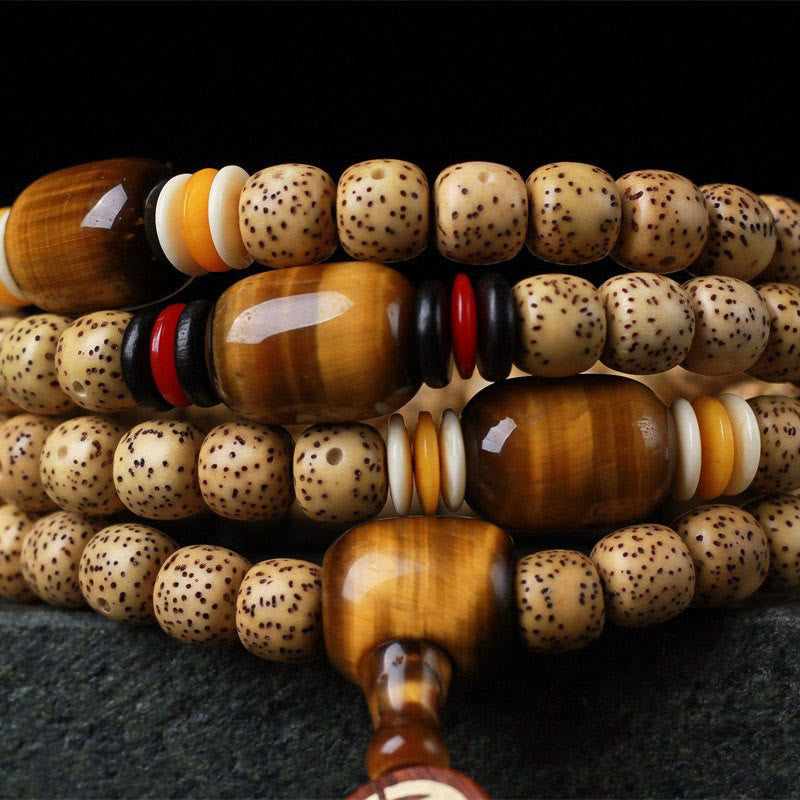 Buddha Stones 108 cuentas Mala de semilla de bodhi, ojo de tigre, carácter Fu, pulsera de paz