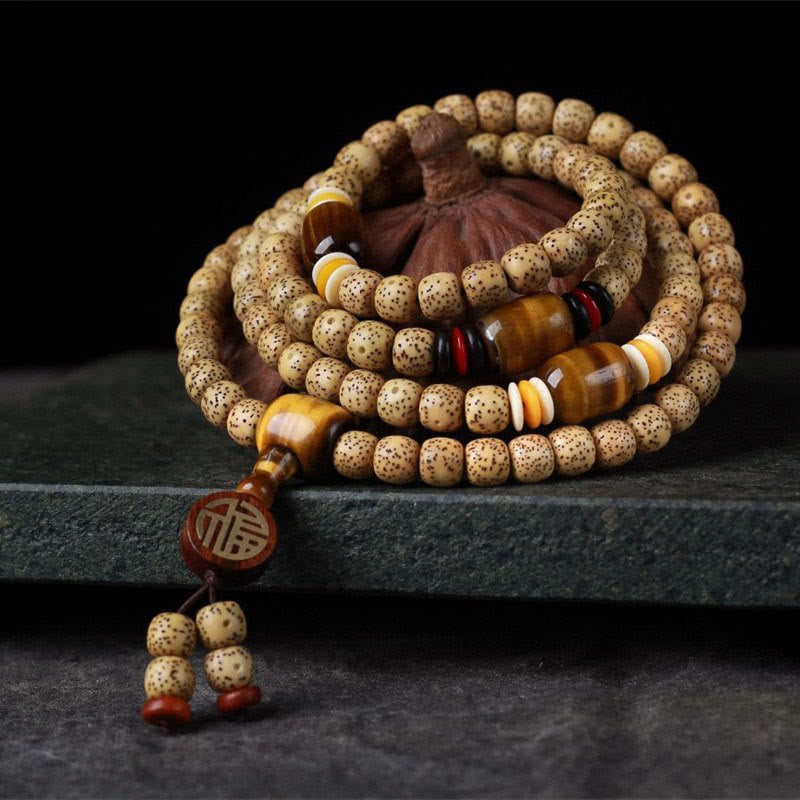 Buddha Stones 108 cuentas Mala de semilla de bodhi, ojo de tigre, carácter Fu, pulsera de paz