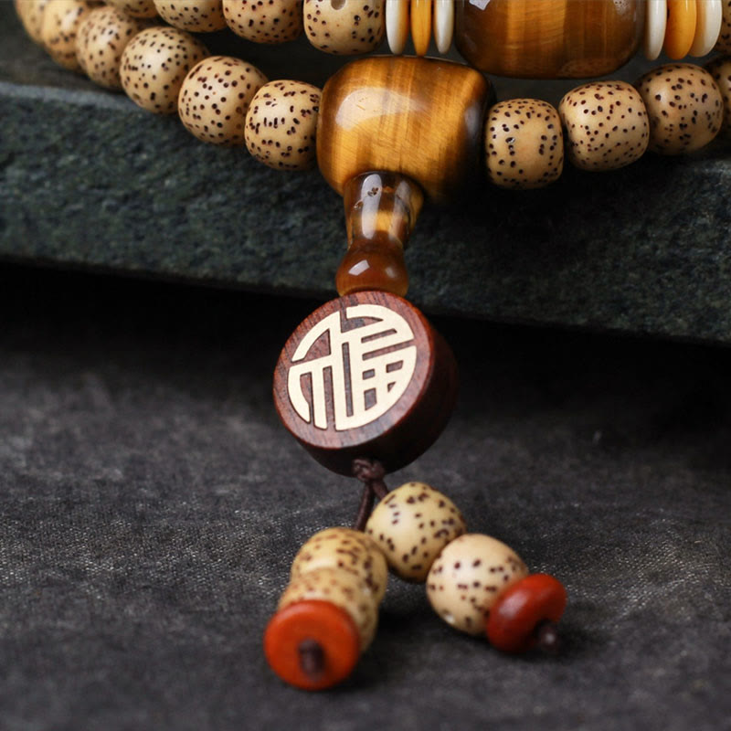 Buddha Stones 108 cuentas Mala de semilla de bodhi, ojo de tigre, carácter Fu, pulsera de paz