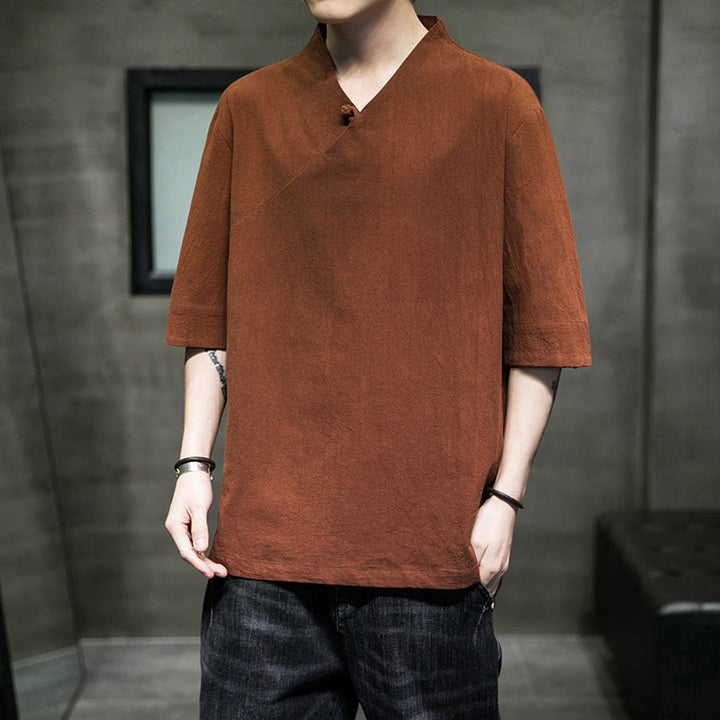 Camisa de algodón con cuello en V y manga corta para hombre de Buddha Stones - Perú - 5XL(Equivalente a USUK/AU46; EU56) - image 0