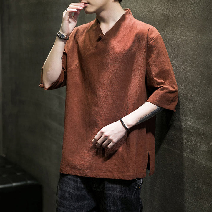 Camisa de algodón con cuello en V y manga corta para hombre de Buddha Stones - image 3