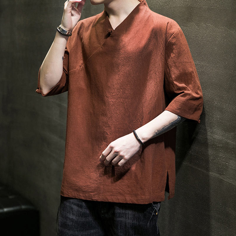 Camisa de algodón con cuello en V y manga corta para hombre de Buddha Stones - image 7