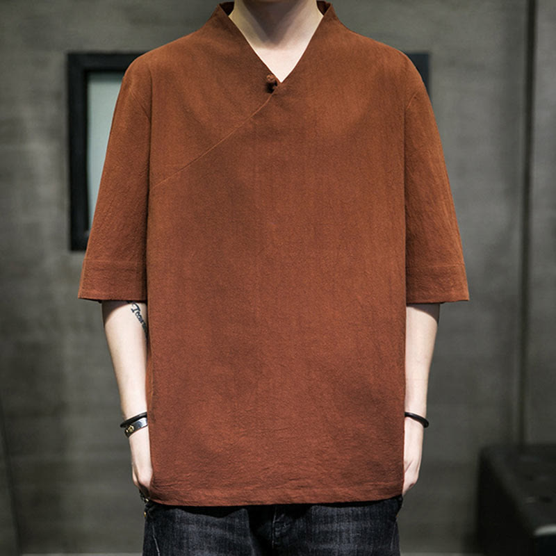 Camisa de algodón con cuello en V y manga corta para hombre de Buddha Stones - image 1